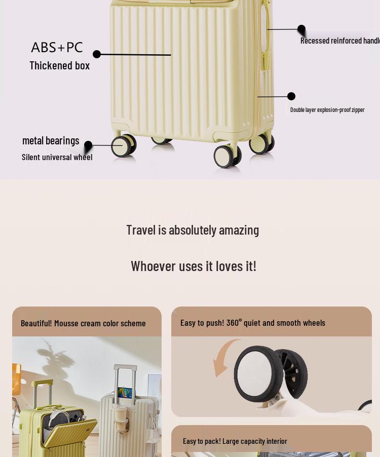 20-Inch Leather Front-Opening Suitcase with Universal Wheels and Combination Lock - Large Capacity for Men and Women