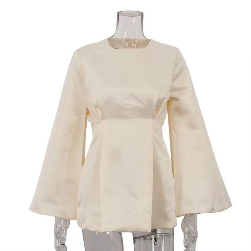 

New Arrival French Style Temperament round-Neck Flared Sleeves Fitted Waist Pleated Satin Tops Satin round Neck Top Beige M