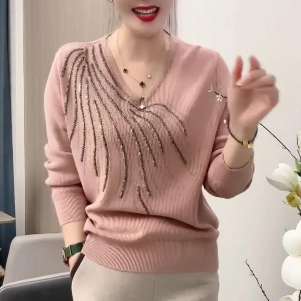 Women V-neck Sweaters Pullovers Solid Diamonds Temperament Casual Long Sleeve Bottoming Shirt Knit Tops