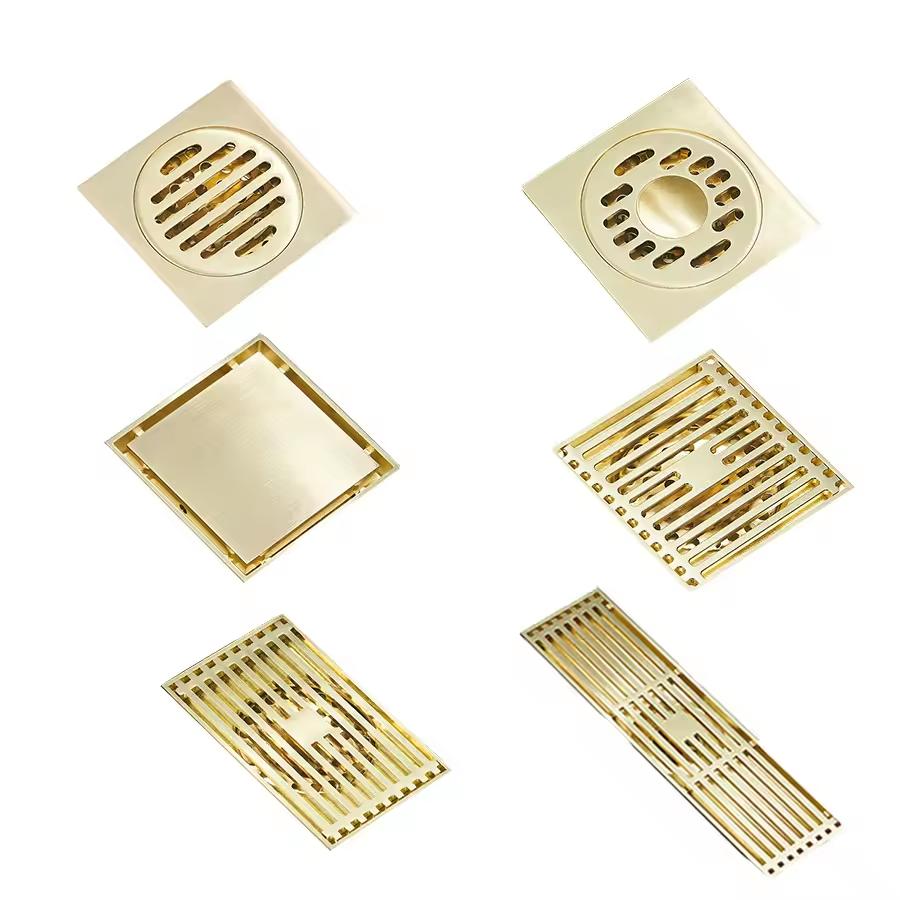 Anti-Odor 304 Square Shape Modern Bathroom Floor Drain with Polished Strainer 4 Inch Premium Drain (Golden,Stainless Steel) золотистый