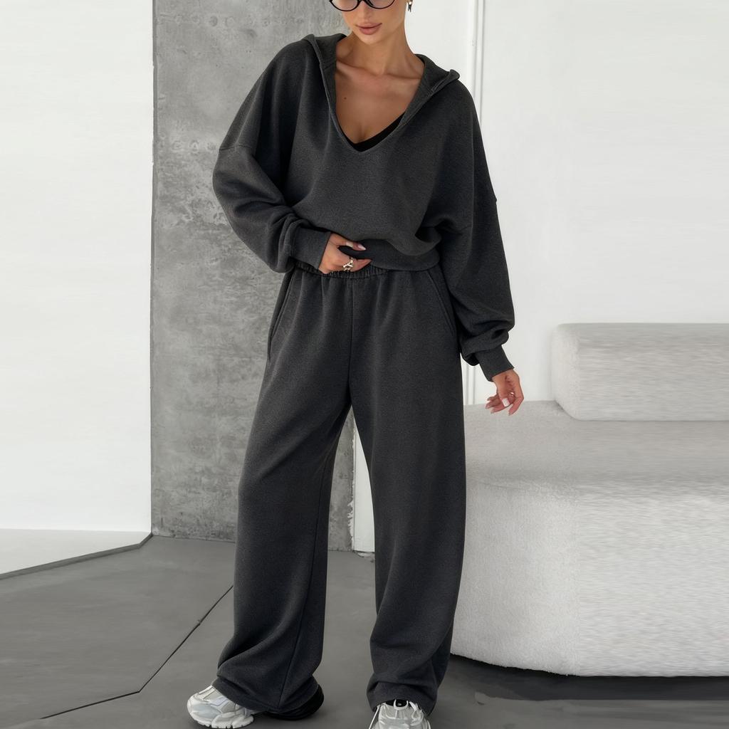 Women's Loose Slim Solid Color Long-sleeved Hooded Sweatshirt Sports Suit