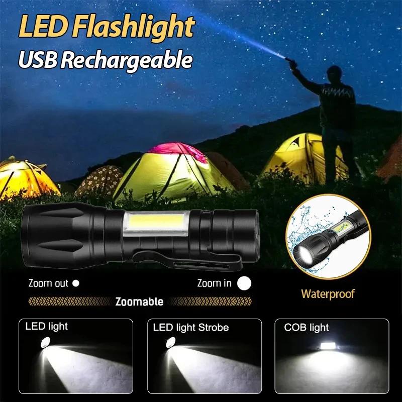 Portable LED Rechargeable USB Torch Mini Flashlight High Power Outdoor Waterproof Zoom Lantern For Camping Emergency Lighting