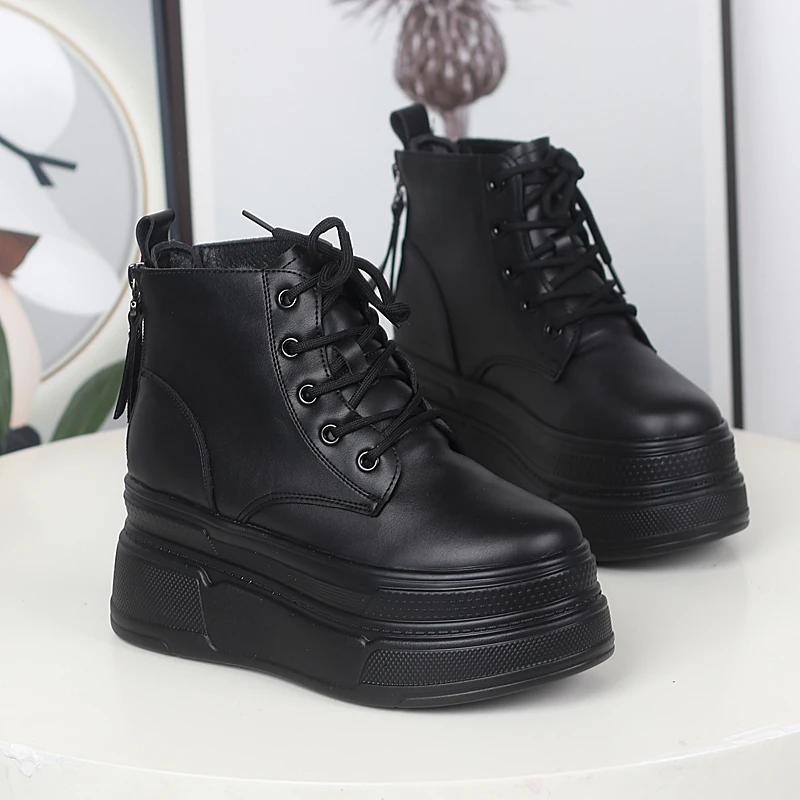 Fashion 12CM Genuine Leather Winter Plush Platform Wedge Fashion Ankle Boots Casual Autumn Fashion High Heel Shoes