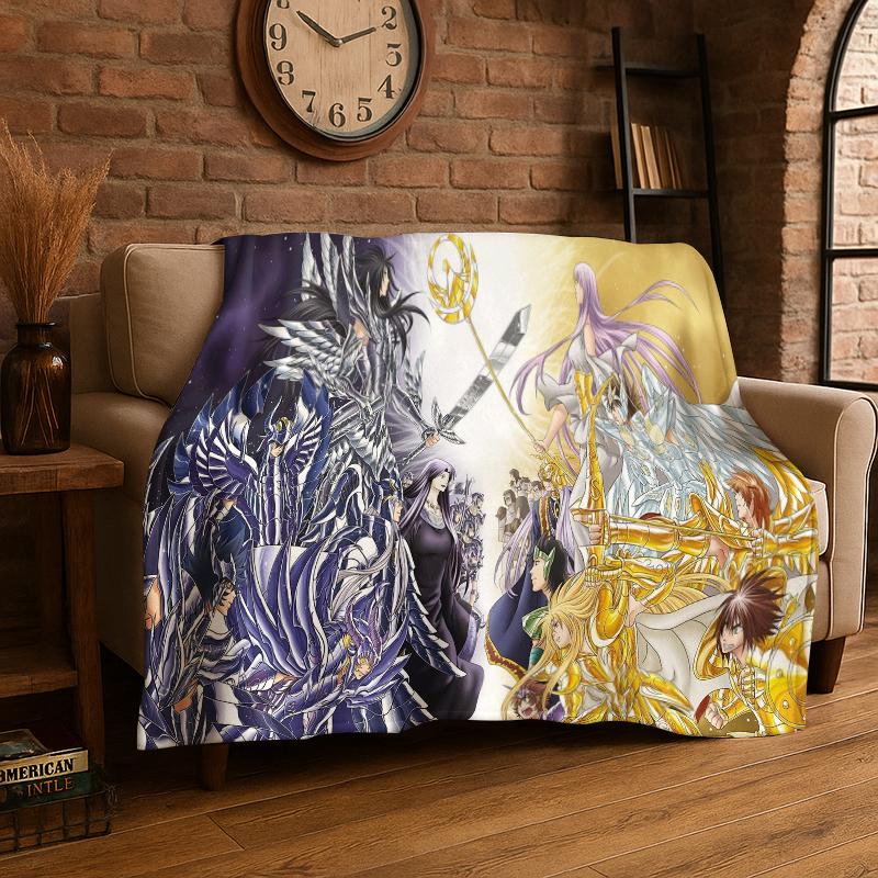 Retro Saint Seiya Anime Cartoon Flannel Blanket Soft Warm Throw Blanket for Bedroom Living Room Bed Travel Camping Picnic Gift