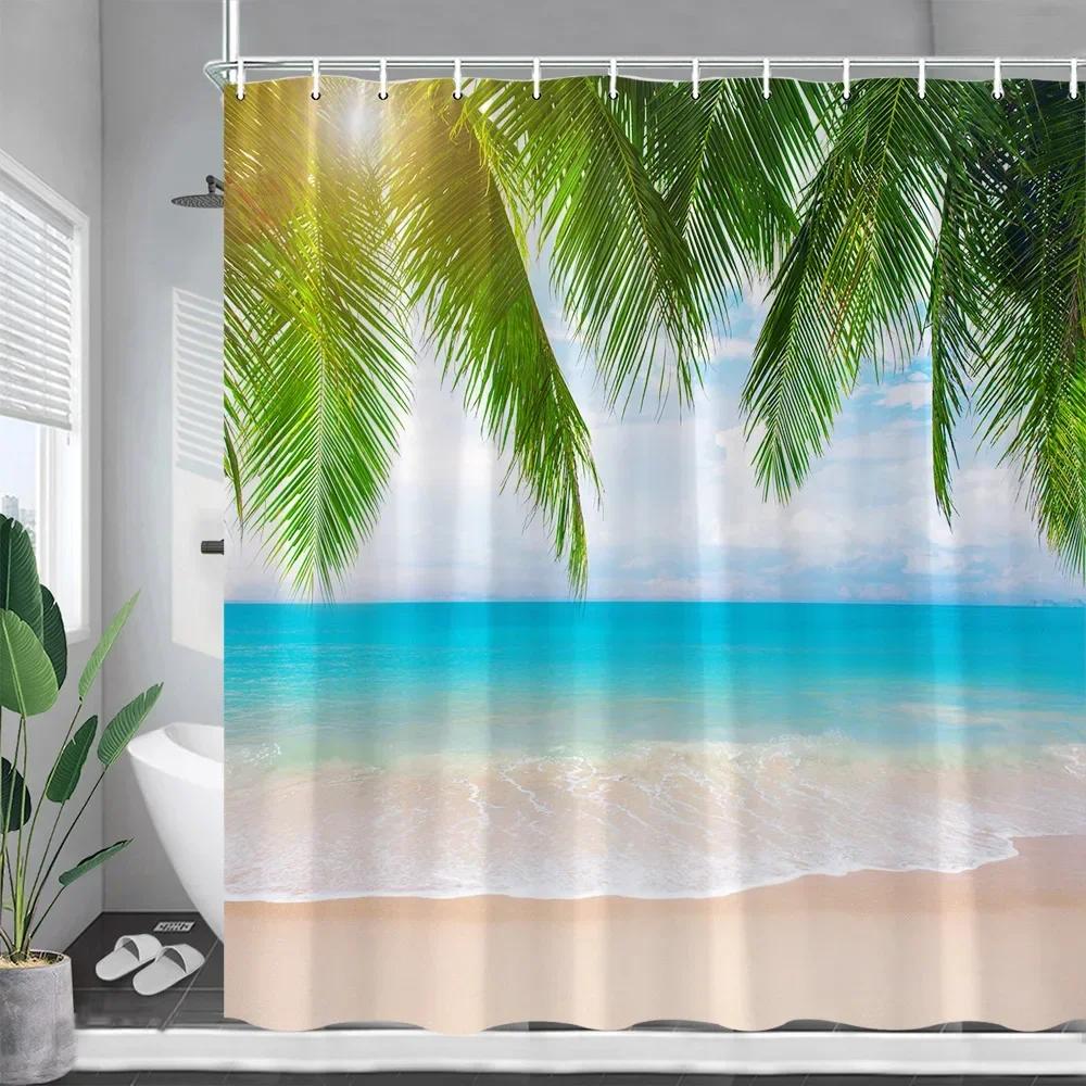 Ocean Landscape Shower Curtains Beach Coconut Tree Dolphin Sea Waves Summer Nature Scenery Bath Curtain Cloth Bathroom Decor Set