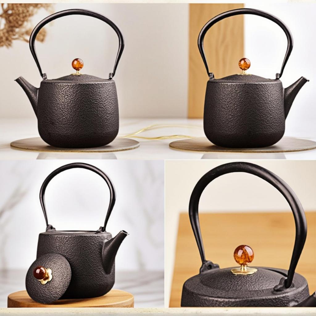 OULOVECO Cast Iron 1200ml Large Suitable for Direct Heat and Induction Includes 304 Stainless Steel Ideal for Tea Healthy and Gifting Teapot,