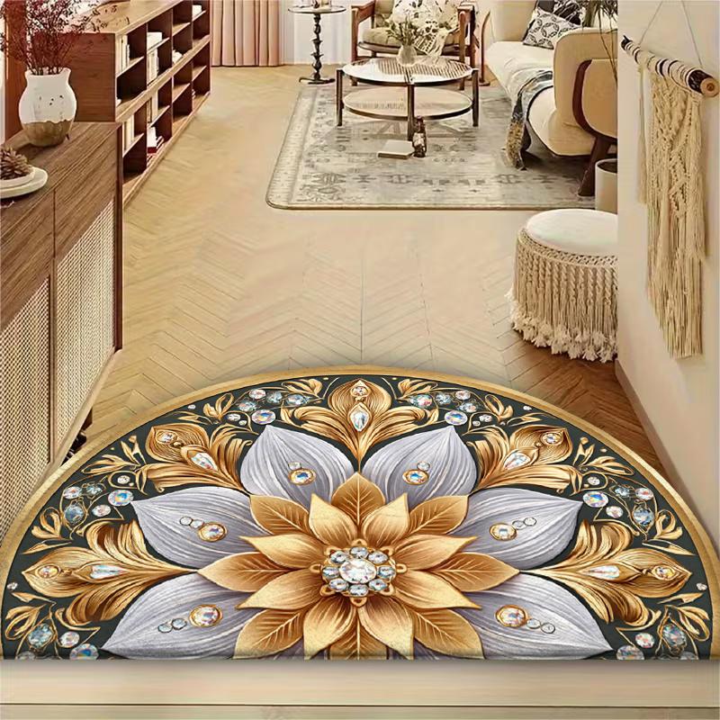 1Pcs Artistic Floral Gold Semi Circle Welcome Doormat Non-Slip for Outdoor Patio Porch Kitchen Bathroom Entryway Floor Mat