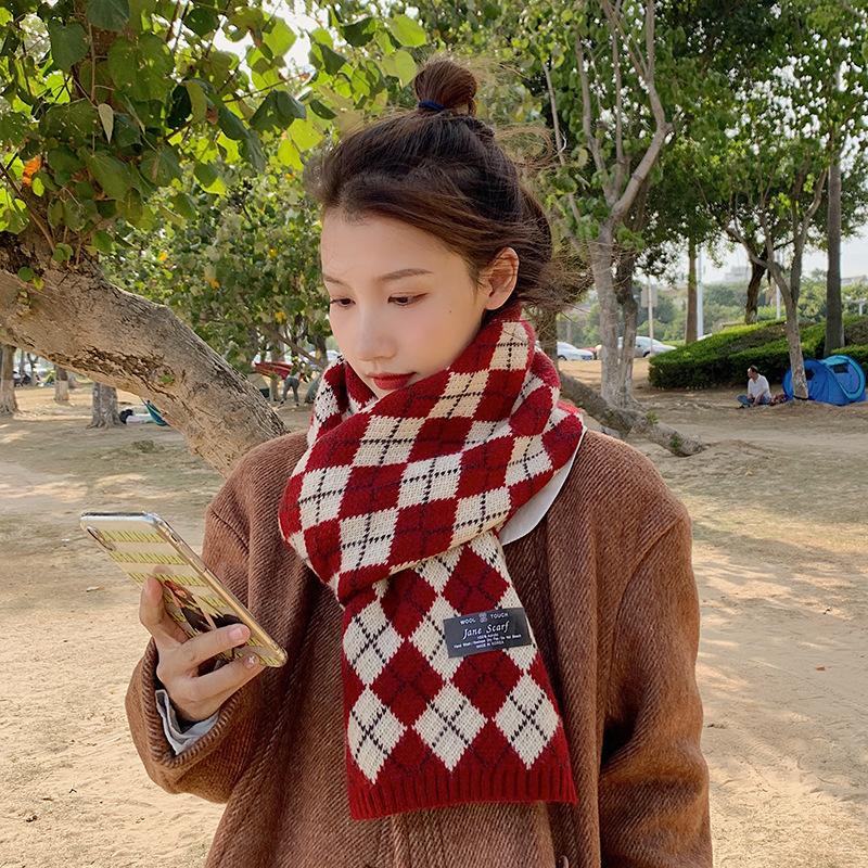 Japanese Rhombus Plaid Scarf for Women Winter Korean Version All Match Student Autumn and Winter Thickened Warm Wool Knitted Scarf for Men