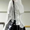 Women Sexy Solid Color Slim Chiffon Shirt Turn-down Collar Flare Sleeve Tunic Bandage Design Vintage Female Blouses Spring 2026