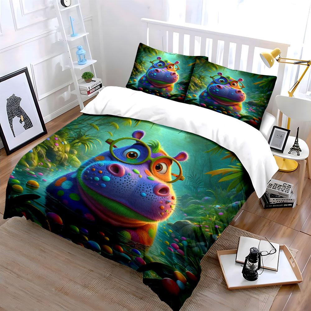Colorful Glasses Hippo In Jungle Pond Duvet Cover Set With 3D Printing Design Soft Polyester Bedding Set All-Season Comfort