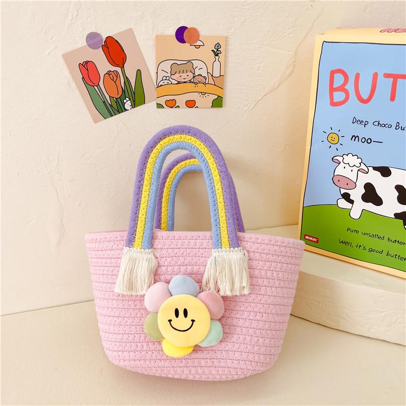 

Мультяшная хлопковая плетеная детская сумка через плечо с подсолнухом и радугой 28*15 cm