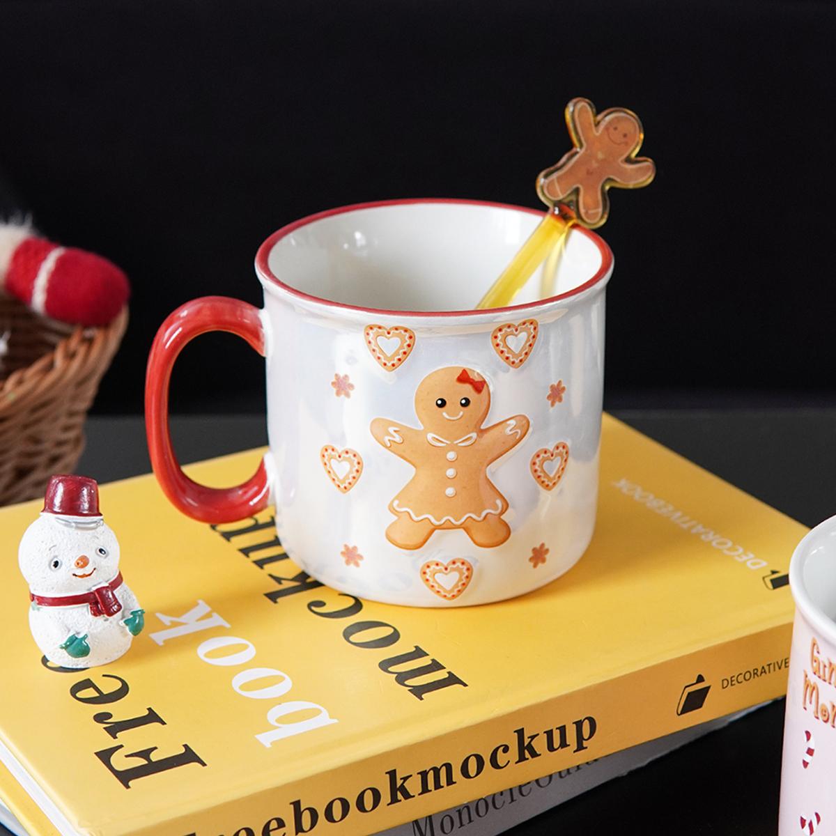 1Pc Christmas Gingerbread Man Ceramic Mug, Colorful Embossed Cute Gingerbread Man Large Capacity Ceramic Mug, Suitable for Christmas Decoration 301-400ml