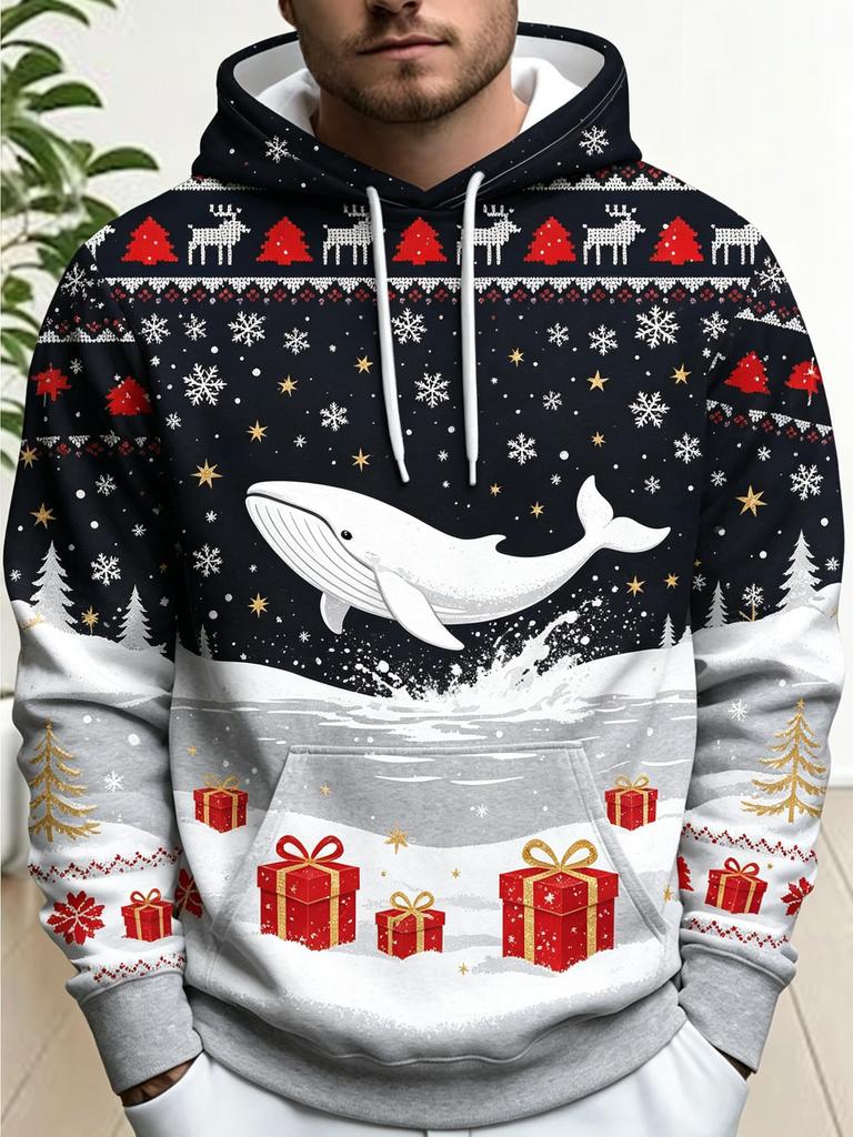 Men Thin Sweatshirt Autumn Winter Hoodie Xmas Santa Snowman Mountain Graphic Print Long Sleeve Male Tops Men's Clothes