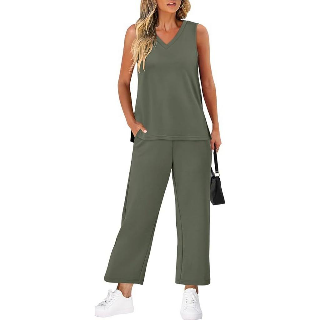 Women's Loose Fit Two Piece Outfit Sleeveless V Neck Tank Top Drawstring Waist Wide Leg Pants Tracksuit