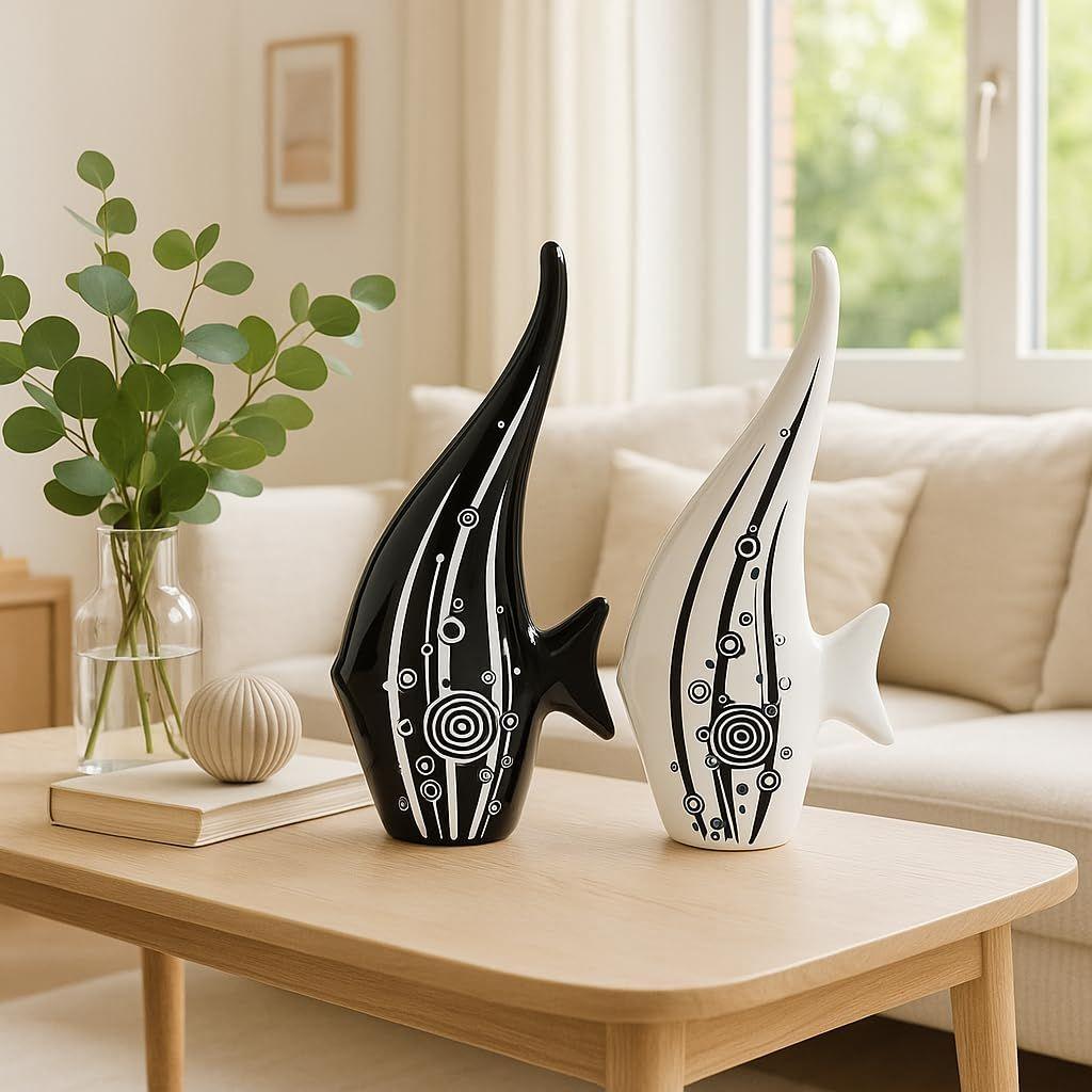 Modern Minimalist Black and White Bubble Fish Art Figure | Beautiful Home Decor- (Set of 2 Pc), Ceramic