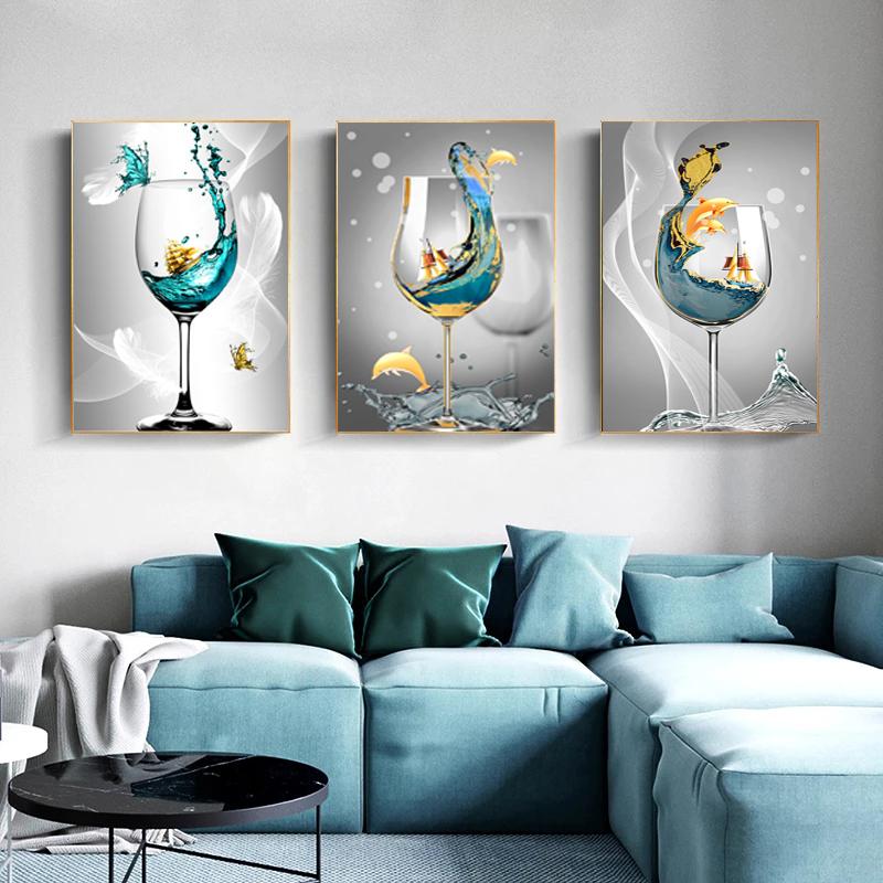 Nordic Wine Glass Canvas Painting Printing Wine Minimalist Art Poster Prints Wall Pictures for Kitchen Dinning Room Home Decor
