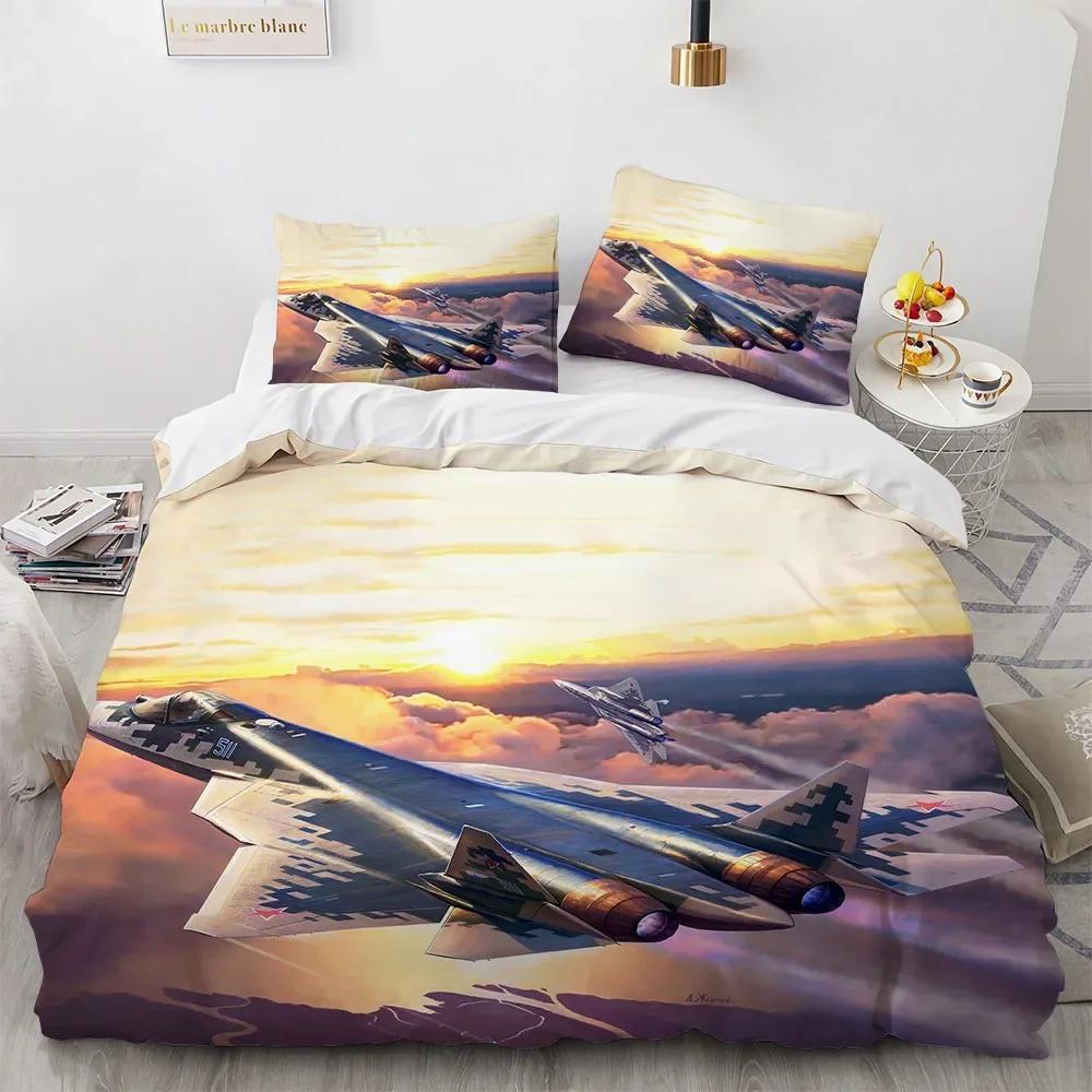 3D Fashion Plane King Queen Duvet Cover Aircraft Theme Bedding Set Kids Boys Men Sunset Airplane Polyester Comforter Cover