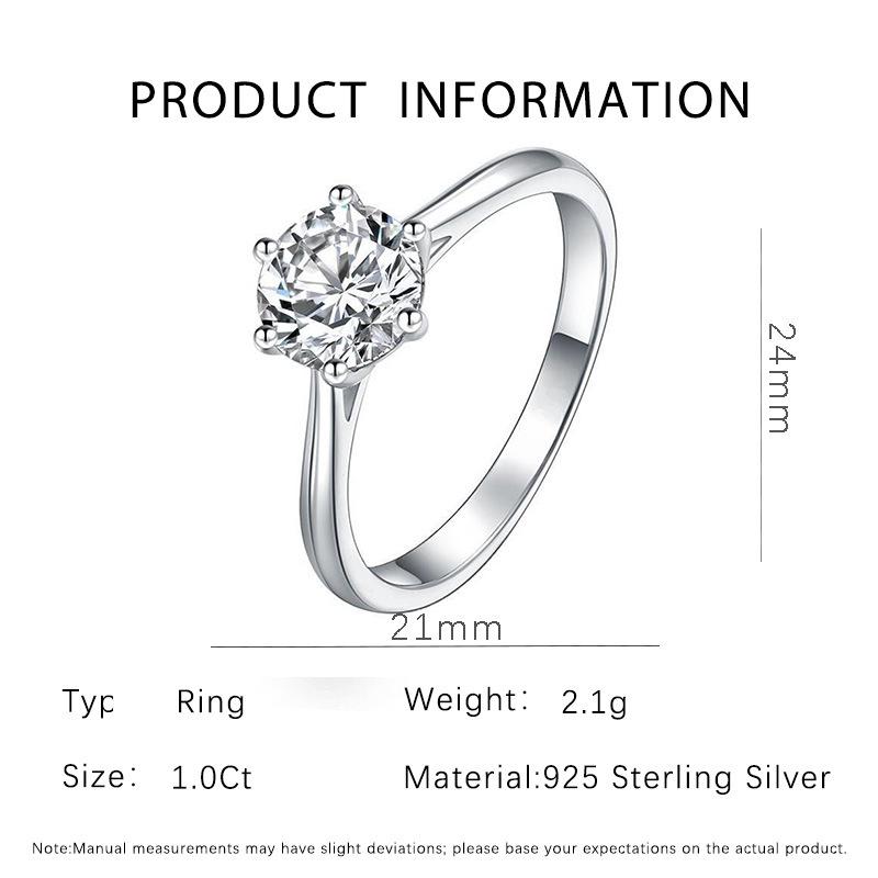 S925 Sterling Silver Moissanite Six-Prong Zircon Engagement Ring for Women – Romantic Bridal Jewelry