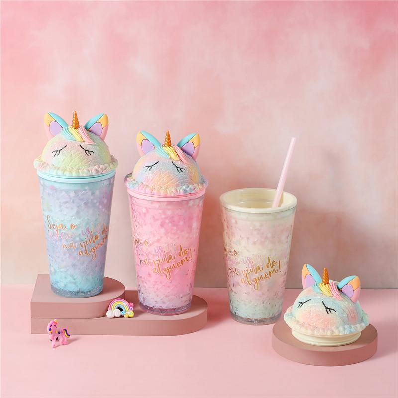 Carina Borraccia Unicorno Borraccia in Plastica con Cannuccia Stile Coreano Carina Estiva Fresca Tazza Ghiacciata per Latte Caffè Tazza da Tè