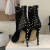 Modne Liyke Wiosna Jesień Zamek Czarne Siateczkowe Botki Damskie Seksowne Lakierowane Skórzane Szpiczasty Nosek Nit Szpilka Wysokie Obcasy Buty na Imprezę Studniówkę