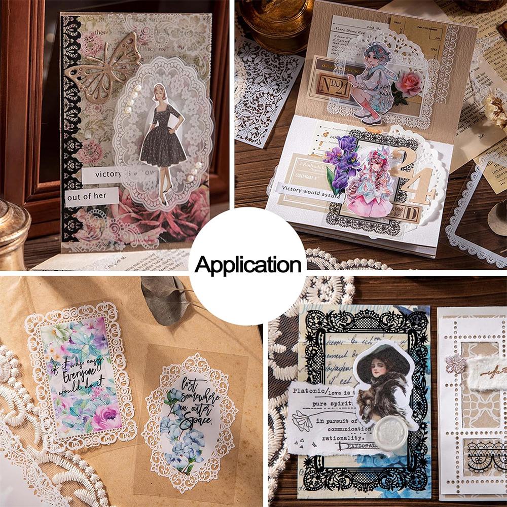 30pcs/pack Unrepeated Patterns Vintage Lace Stickers Black Ink White Ink Various Lace Boarder Sticker Card Journal Scrapbooking