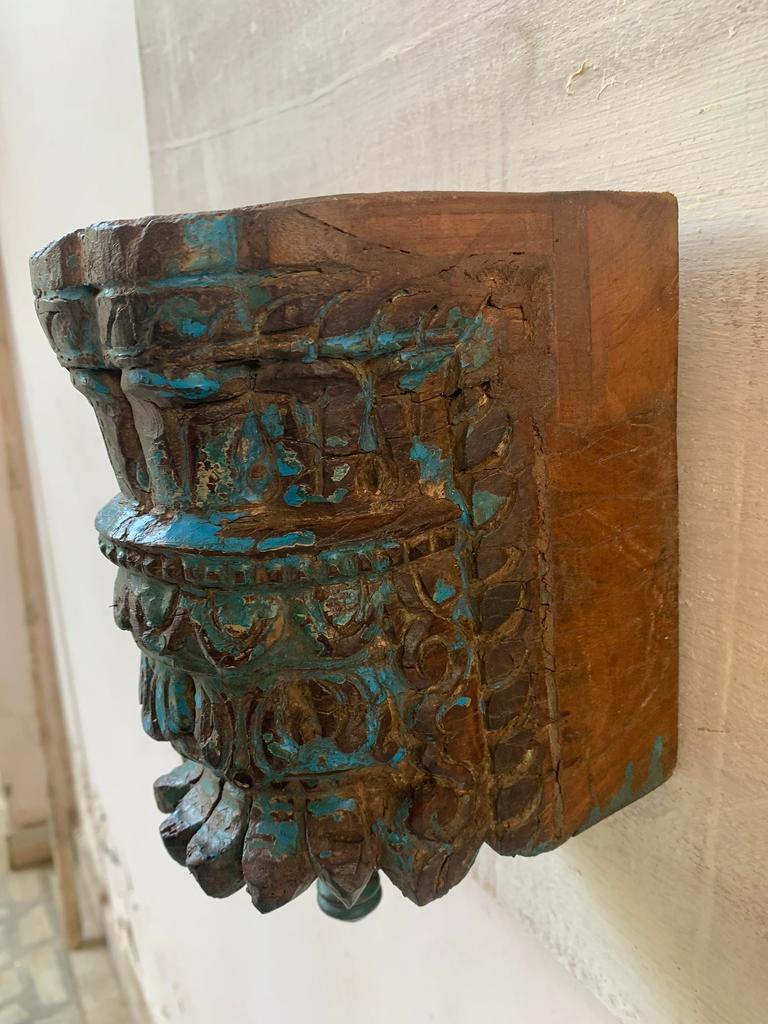 Carved Floral Wood Floating Shelf: Rustic Blue Wall Decor