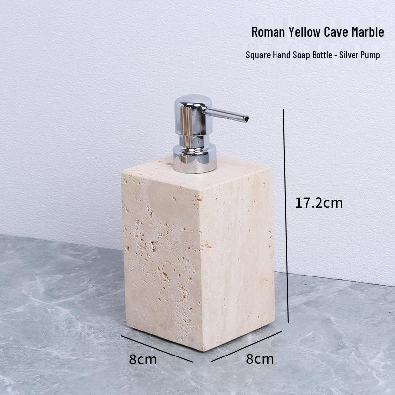 Badezimmerset aus gelbem Marmor im chinesischen Stil: Tablett, Aromatherapie-Ornament, Handseifenspender & Taschentuchbox.