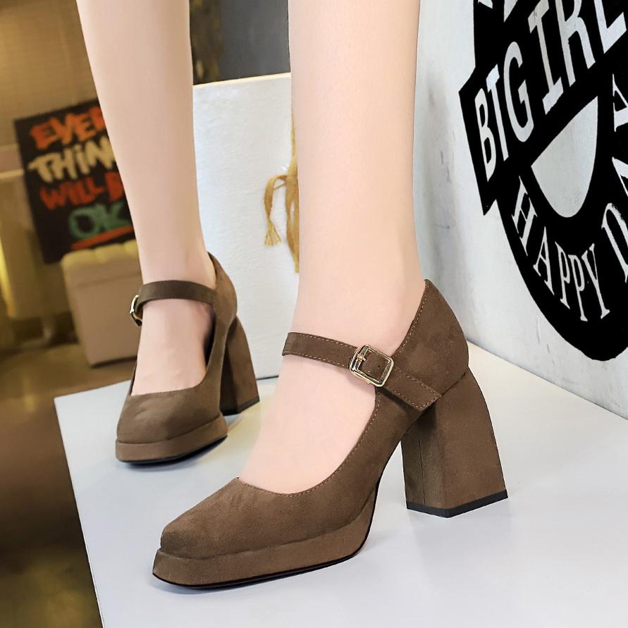 Scarpe da Donna Tacco Alto Stile Retro Europeo e Americano, Tacco Grosso, Tacco Alto, Plateau Impermeabile, Fibbia in Metallo, Cinturino Dritto, Scarpa Singola