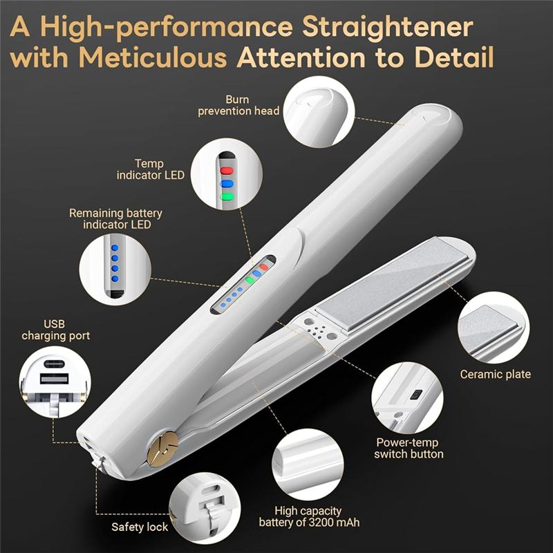 Mini Cordless Hair Straightener And Curler Portable Travel Hot Tool Cordless USB Charging Straight Curl Support