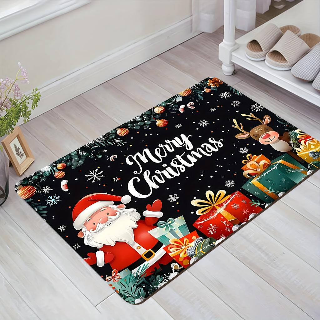 Merry Christmas Santa Reindeer Welcome Doormat,Flannel Anti-Slip Washable Fade-Resistant Rug for Indoor Outdoor Multi-Room Decor