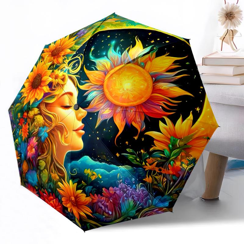 Sun And Moon Celestial Art Outdoor Automatic Umbrella Retractable Design with 8-Rib Durability Lightweight Perfect Gift for Friends Family