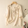Summer Round Neck Medium Sleeve Embroidered Chic Top Literary Retro Loose Temperament Cotton and Linen T-shirt New