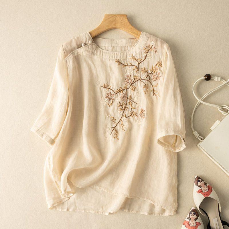 Summer Round Neck Medium Sleeve Embroidered Chic Top Literary Retro Loose Temperament Cotton and Linen T-shirt New