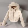 Women's Short Cotton Jacket with Warm Velvet, Fluffy Hood, Big Fur Collar, Petite Winter Outerwear, 2025 Trendy Style.