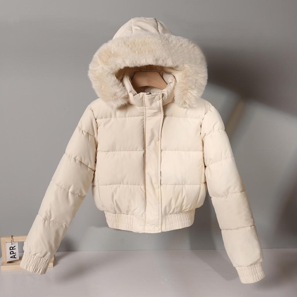 Women's Short Cotton Jacket with Warm Velvet, Fluffy Hood, Big Fur Collar, Petite Winter Outerwear, 2025 Trendy Style.