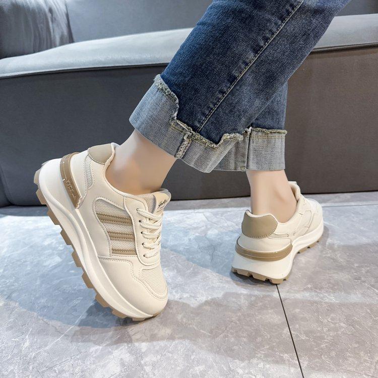 Thick Sole 2025 New Summer Autumn Women's Casual Board Shoes Spliced Sports Leather Surface Student Shoes
