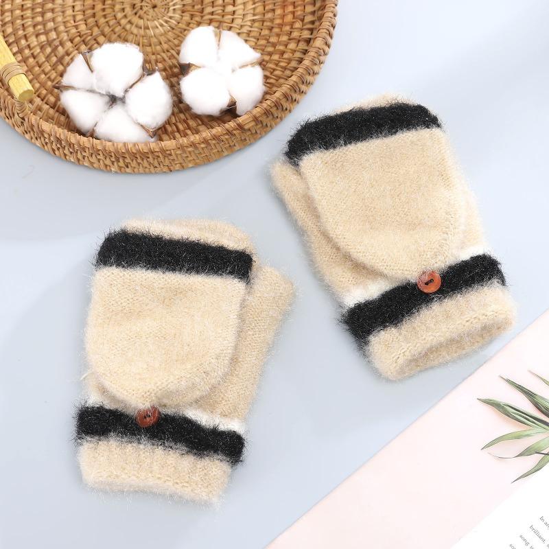 New Flip Gloves, Autumn and Winter Color Matching Mink Velvet Thickened Half-finger Thermal Gloves