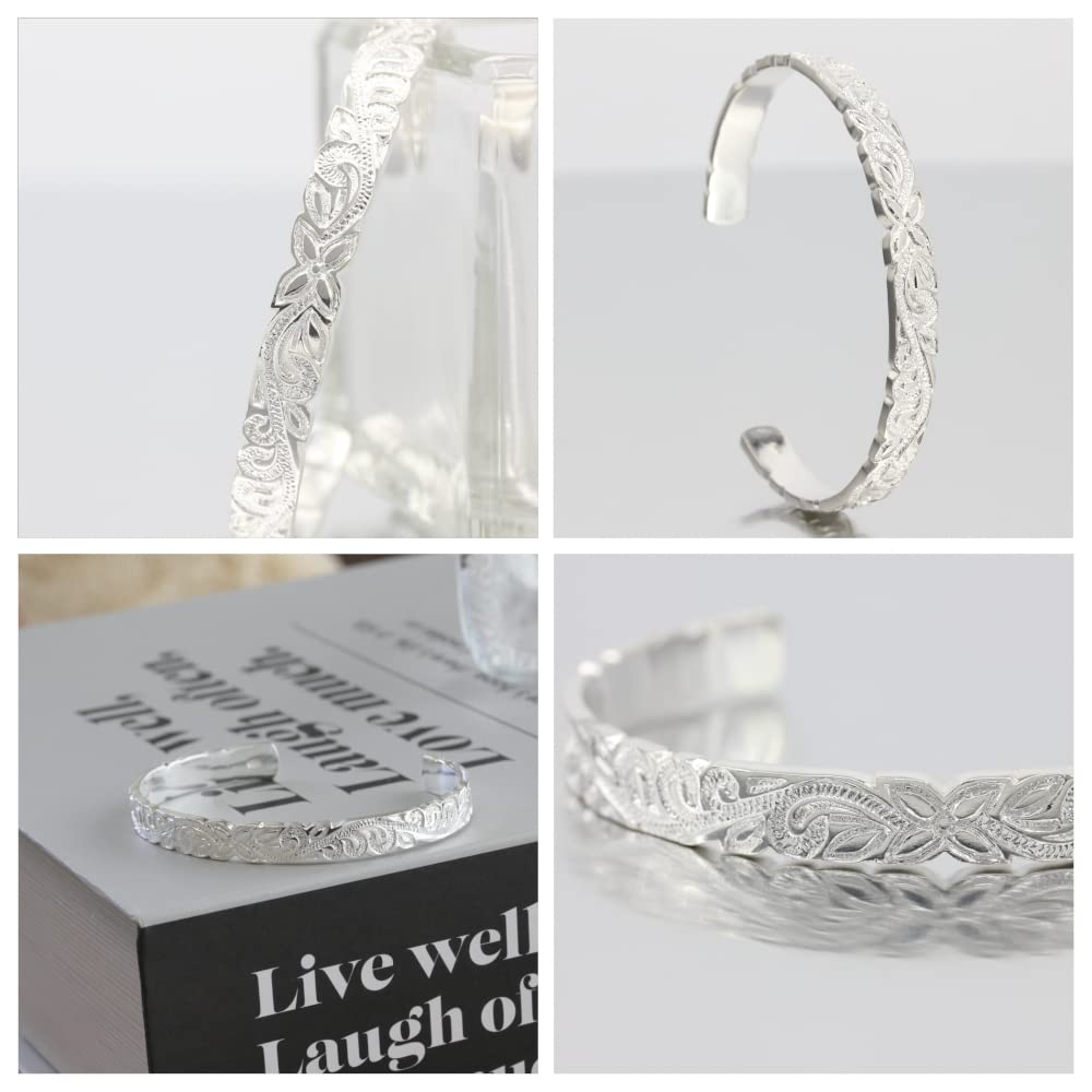 Hawaiian Jewelry Bangle Silver 925 Bracelet Scroll Plumeria Men Women