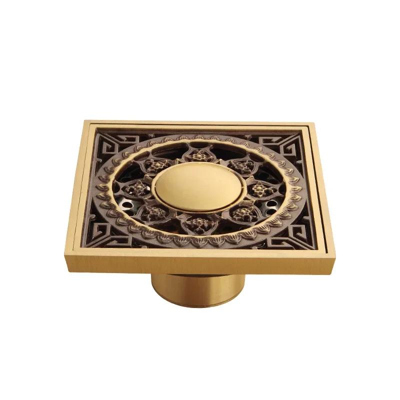 10*10cm gyllent gulvsluk messingforebyggende luktfortykningsavløp dusj baderomsavløp balkong vaskemaskin gulvsluk