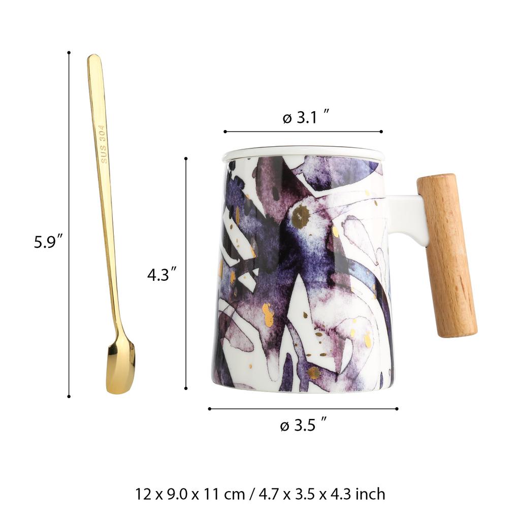 Tooarts Hrníček s víčkem Keramický šálek na čaj Šálek na kávu Velkoobjemový hrnek s dřevěnou rukojetí Ocel 304