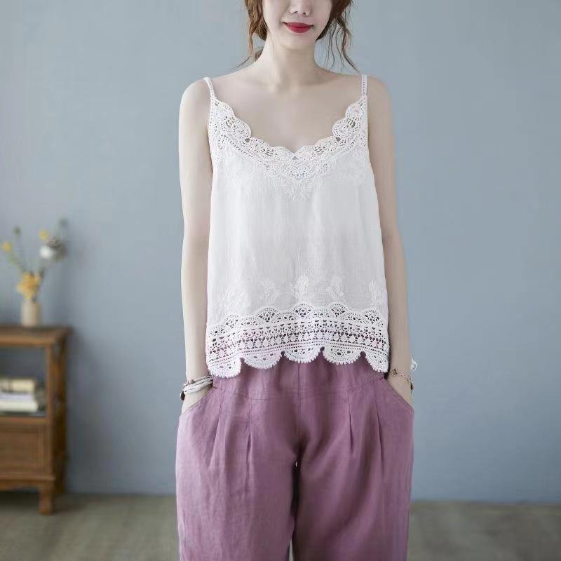 Women's Summer Lace Applique Tank Top – Sleeveless, Sexy, Loose Cotton T-Shirt with Lace Edging