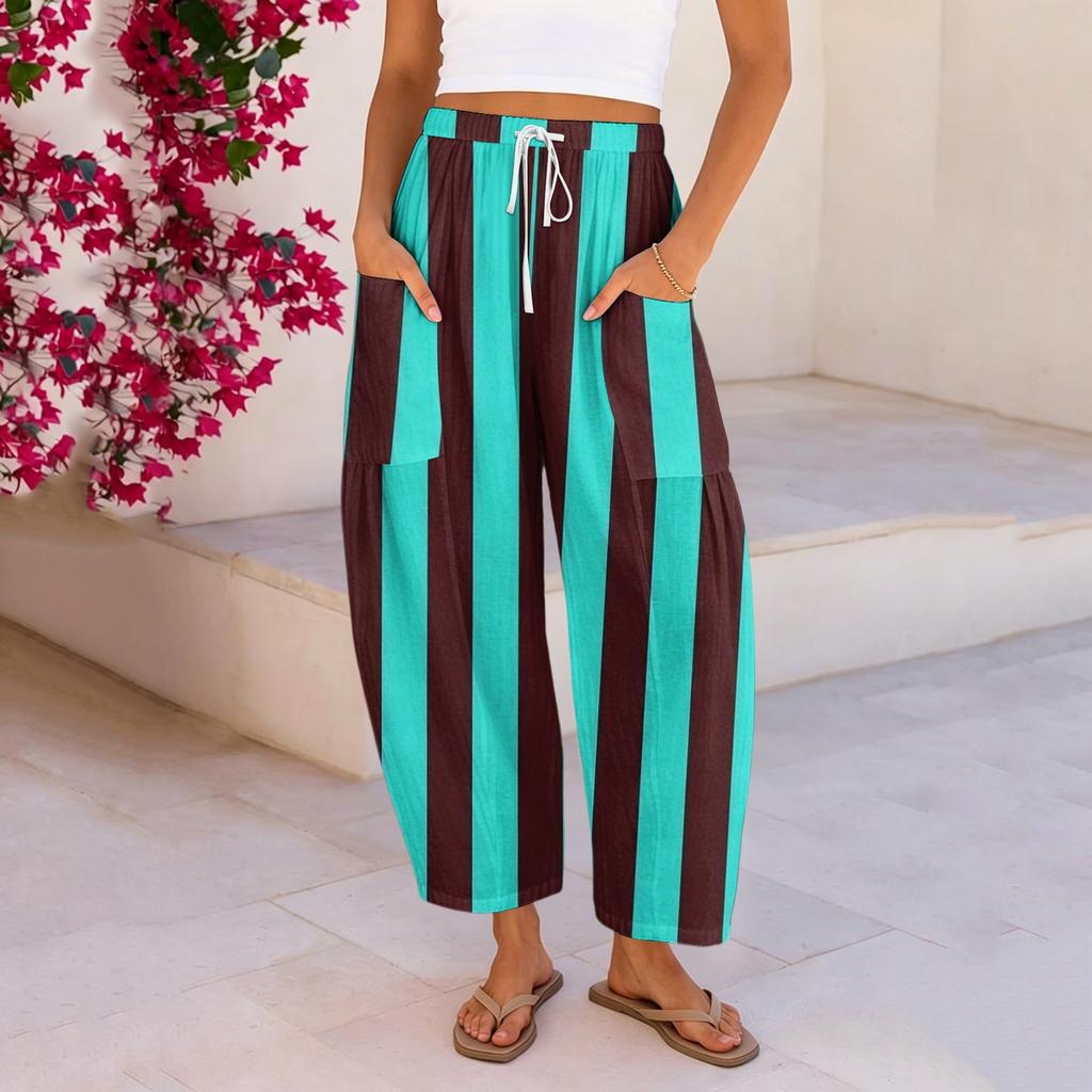 Women's Linen Pants with Pockets, High Waist Loose Fit Plus Size Cotton Casual Pants