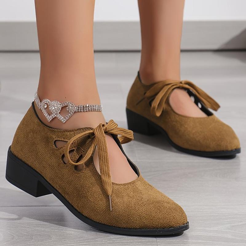 Fashion Korean Faux Suede Mid Heel Pumps Women Hollow Out Lace Up Loafers Shoes Woman 2025 Pointed Toe Plus Size Heels Shoes Ladies