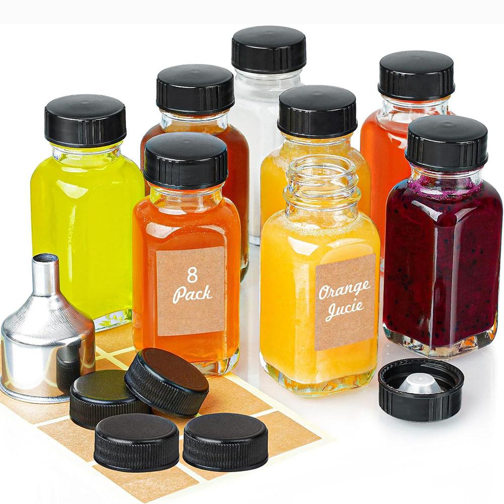 

8Pack 2oz Small Square Glass Jars Reusable Ginger Shot Bottles with Caps Wide Mouth Juice bottles for Fridge, Stickers, Funnel 2oz 60ml