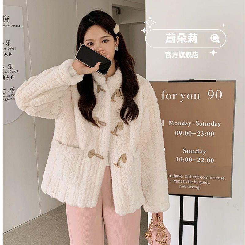 Lamb Wool Imitation Fur Jacket Women's Winter Short Cotton Thickened Loose Wool Plush Horn Buckle Round Neck Light
