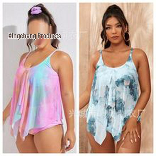 European & American 2024 Plus Size Printed Halter Backless Ruched Bikini for Women