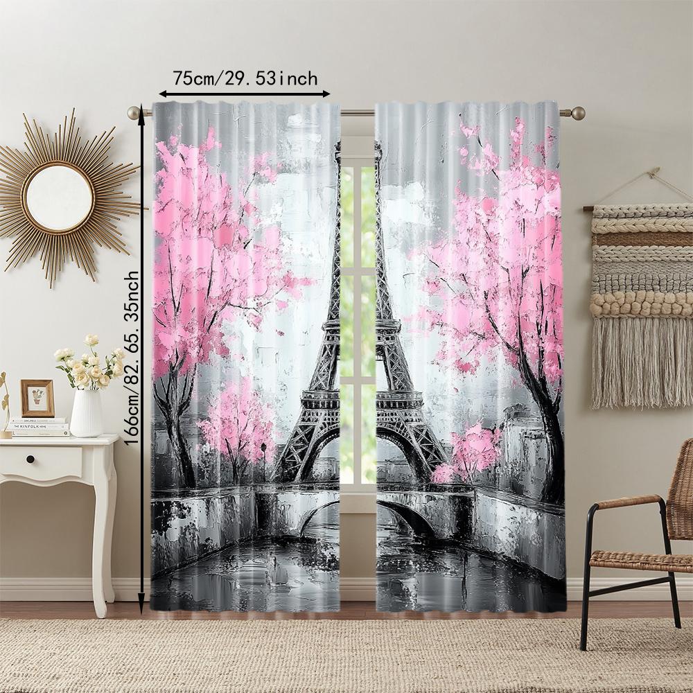 2Pcs Eiffel Tower Printed Window Curtain Rod Pocket Window Treatment For Bedroom Office Kitchen Living Room Study Home Decor_ai9