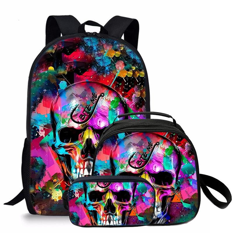 Schädel Dreiteiliges Set Rucksäcke Für Jungen Und Mädchen Beste Geschenke 2D Flacher Cartoon Schulrucksack Für Kinder