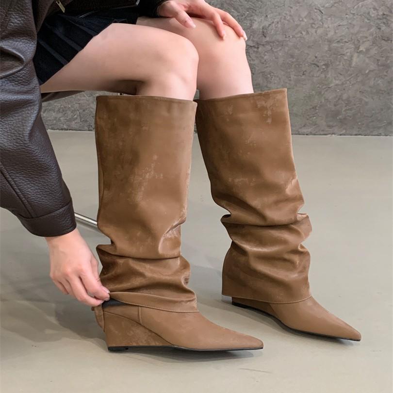 Vintage Black Pointed Folds Spice Girls High Heel Boots Women's Wedge Heel But Knee Straight Boots High Pants Boots