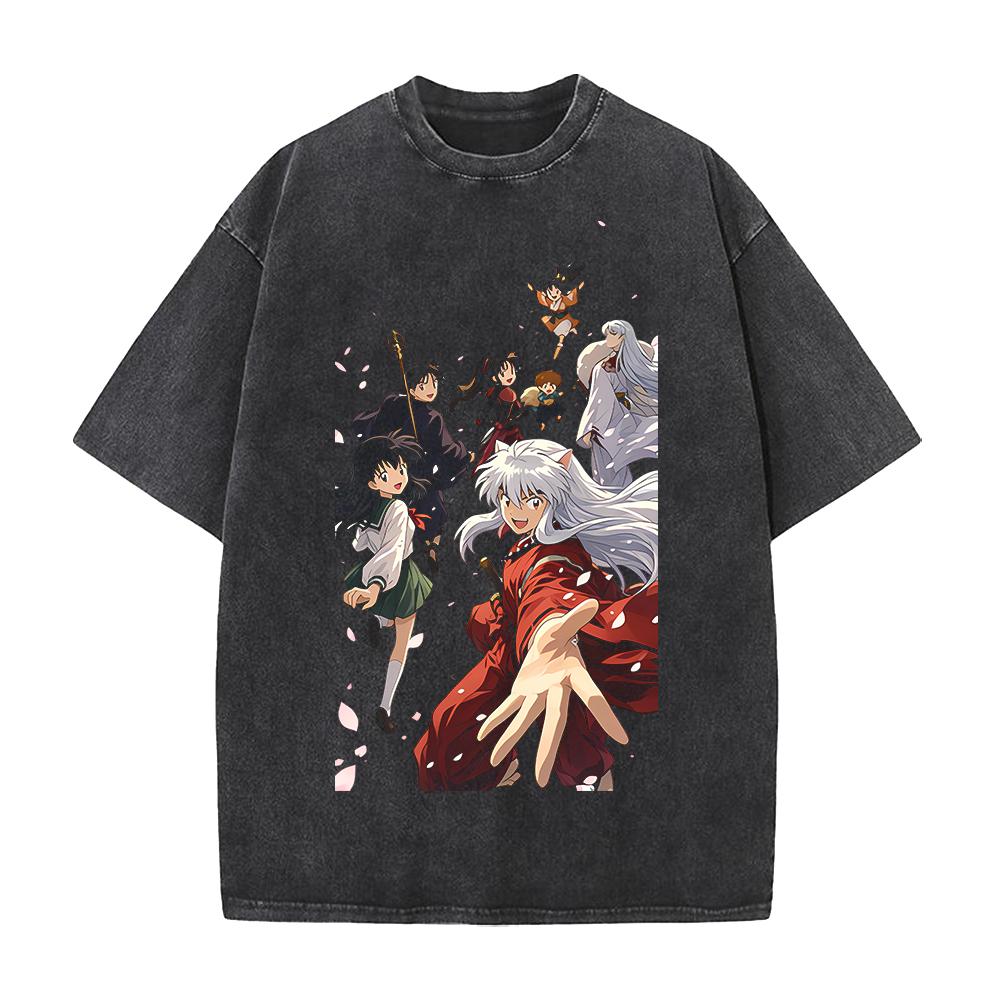 Kagome Miroku Sesshoumaru Print T-shirt Anime Inuyasha Clothing Men Women Cotton Tshirts Retro Washed T Shirt Harajuku Male Tops